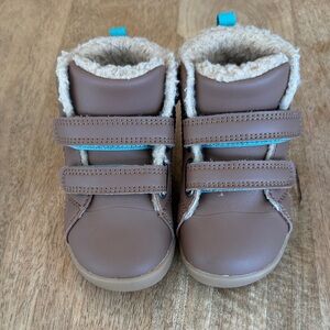 Ten Little Tan Leather High Top Furry Sneakers with Easy Velcro Straps